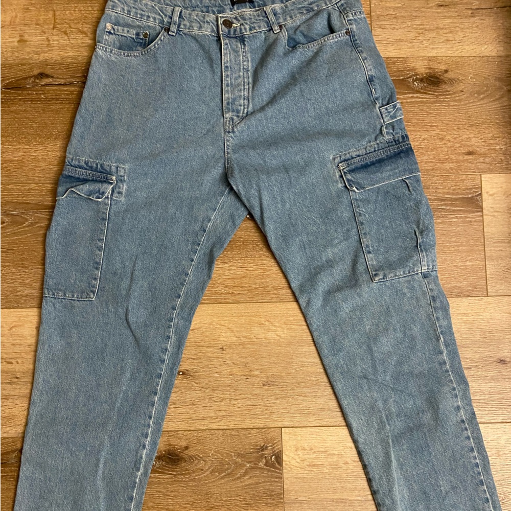 Boohoo Mens Relaxed Fit Blue Cargo Jeans